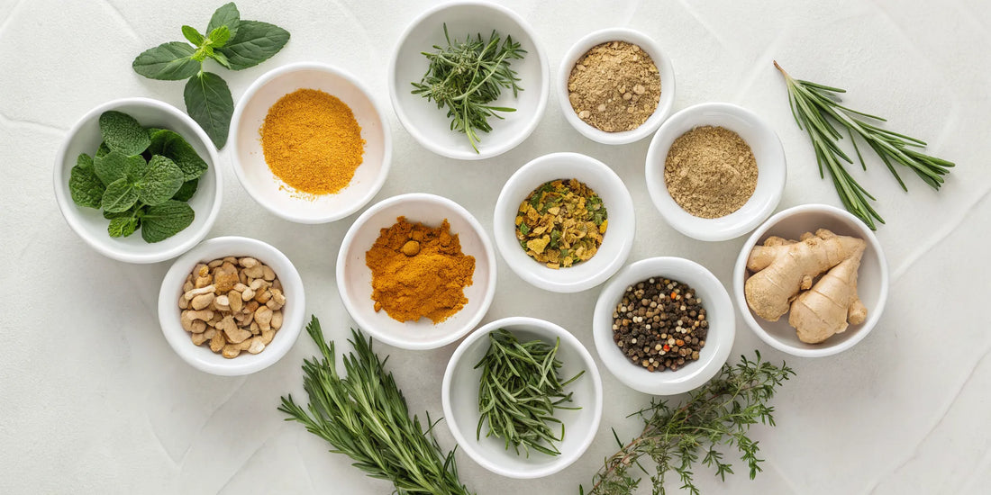 A collection of the top herbs for nerve pain relief in bowls.