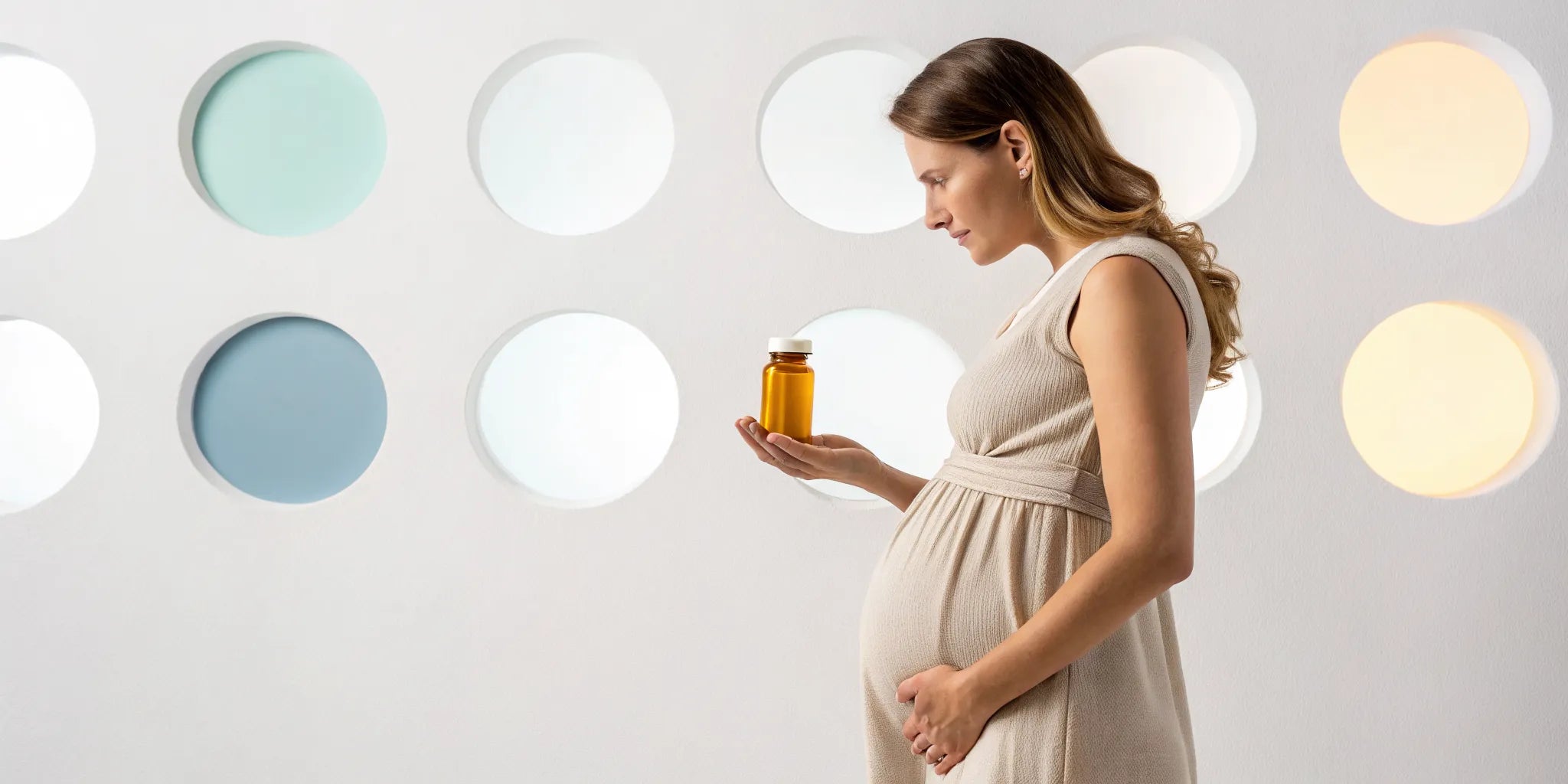 Pregnant woman holding a supplement bottle, a group who should not take alpha-lipoic acid.