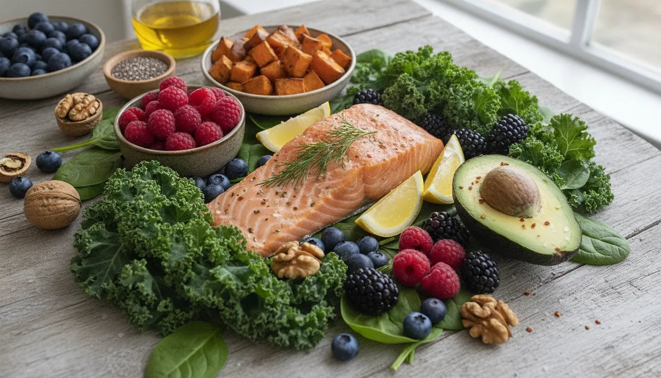 A colorful arrangement of nutrient-rich foods for nerve health including leafy greens, berries, salmon, and nuts