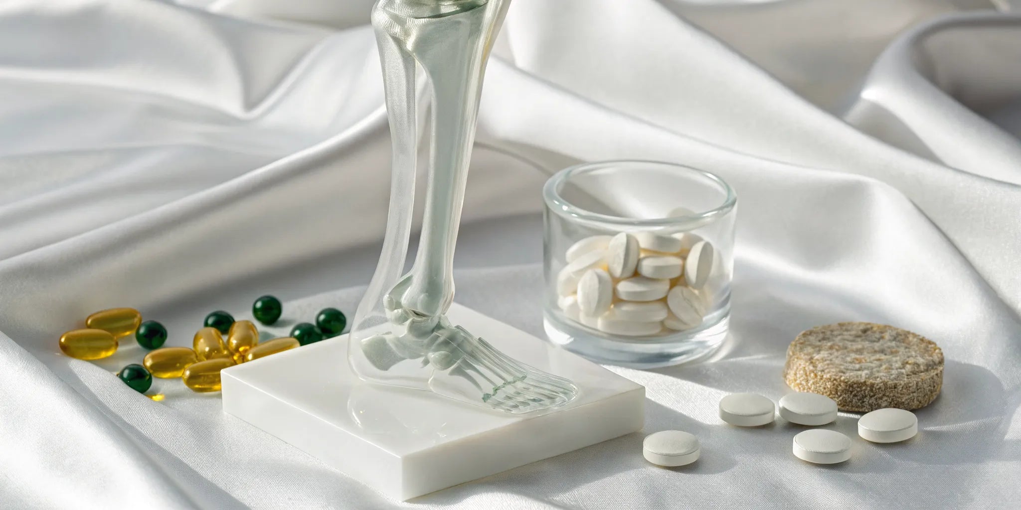 Vitamins for muscle pain and joints with a model of a skeletal joint.