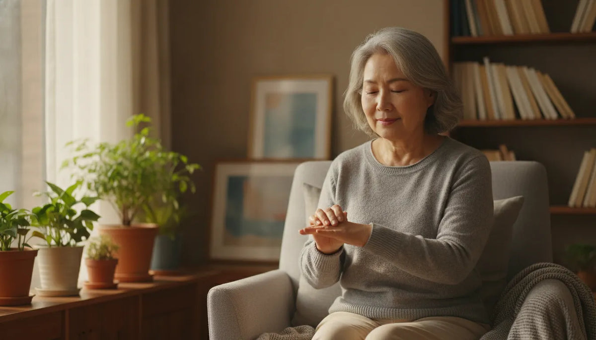 Older adult using thumb pressure on hand acupressure point at home