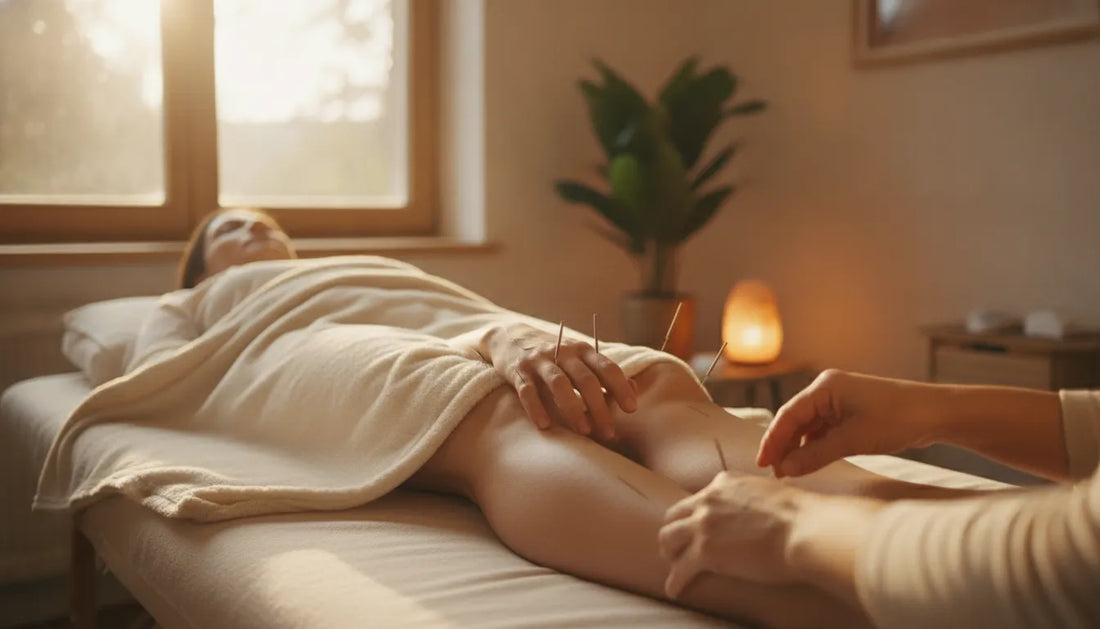 Acupuncture needles being applied to a person's hands and lower legs during a treatment session for nerve health support