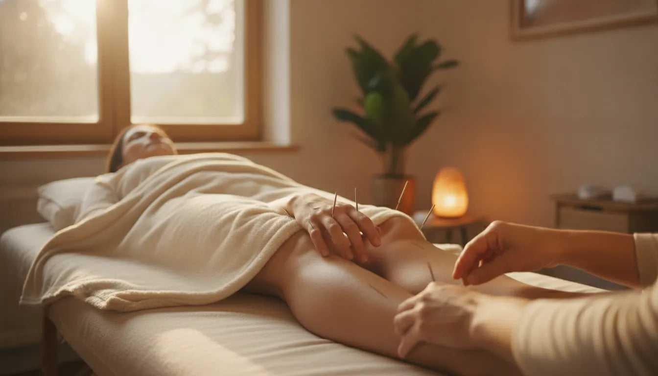 Acupuncture needles being applied to a person's hands and lower legs during a treatment session for nerve health support