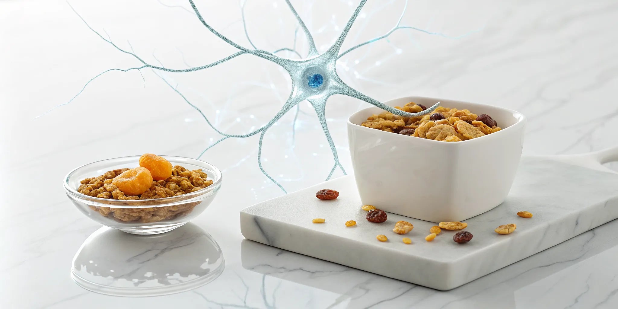 Advanced ingredients for nerve support shown in bowls next to a nerve cell graphic.