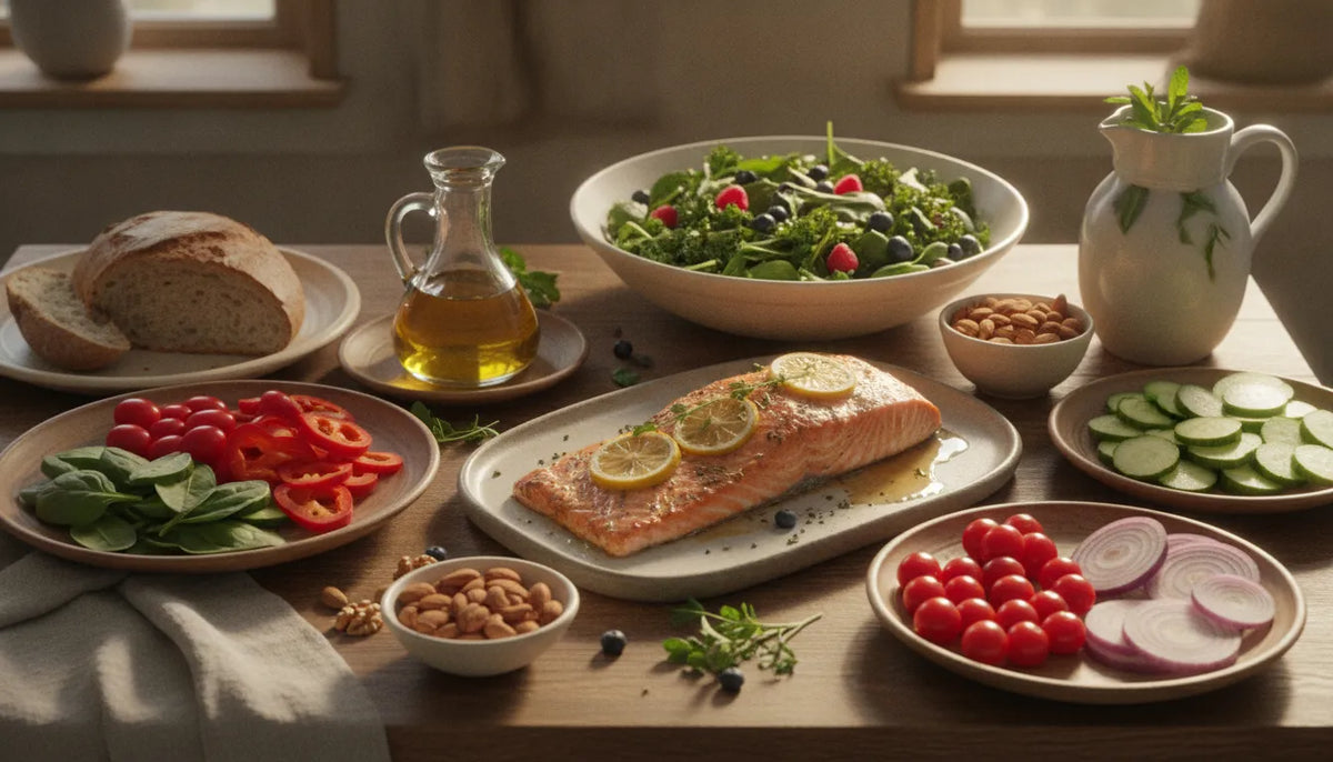 Healthy anti-inflammatory meal spread with salmon, leafy greens, and colorful vegetables