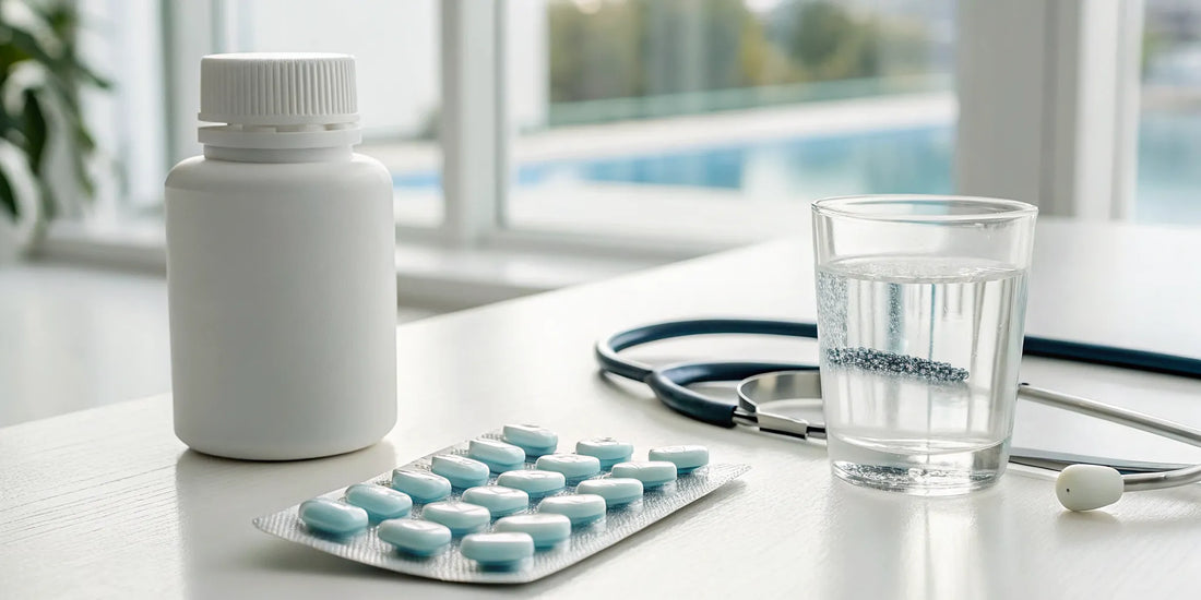 A prescription bottle of Aventyl 10 mg for nerve pain on a doctor's desk with a stethoscope.