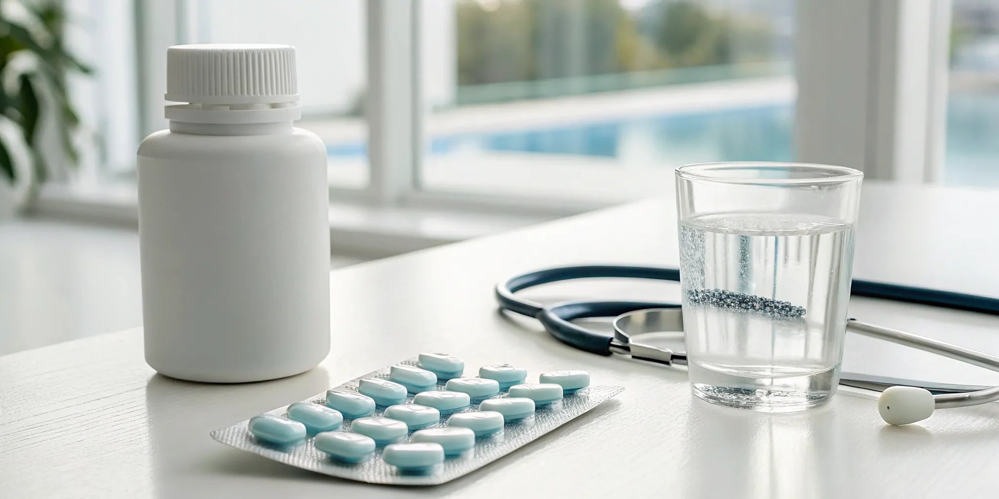 A prescription bottle of Aventyl 10 mg for nerve pain on a doctor's desk with a stethoscope.