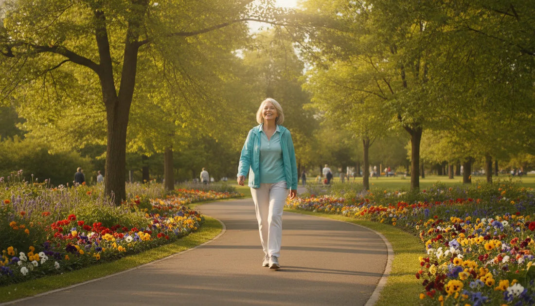 Senior woman walking comfortably in a sunlit park, feeling energetic and mobile