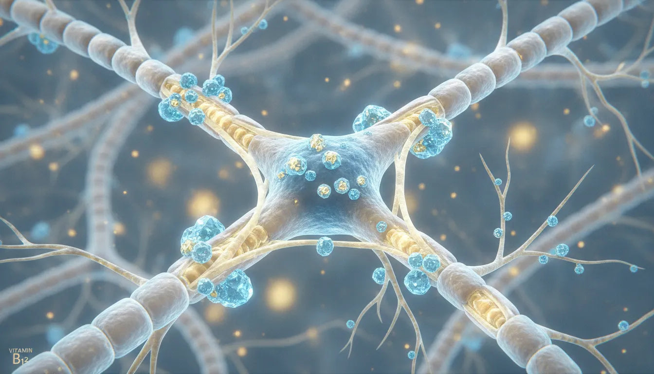 Microscopic view of vitamin B12 molecules supporting and protecting nerve pathways, science illustration style