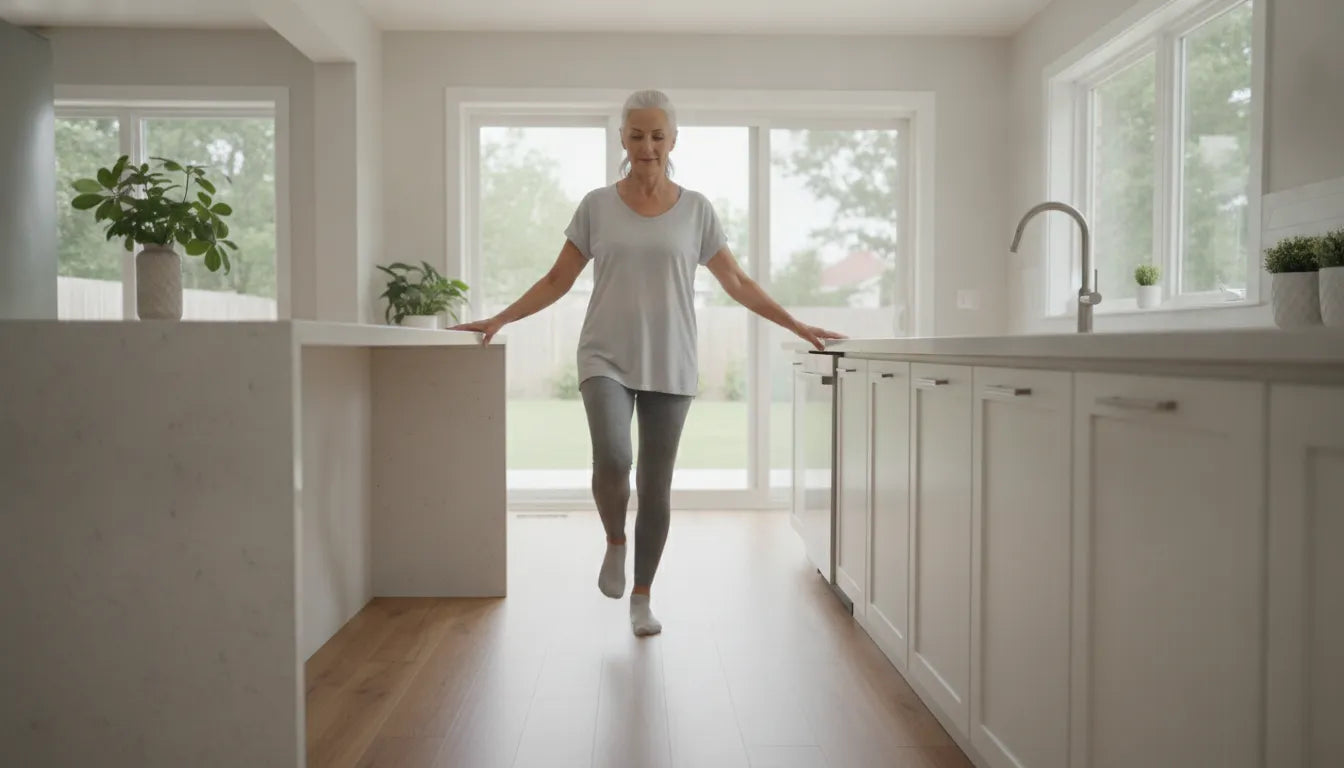 Older adult practicing a supported balance exercise at home