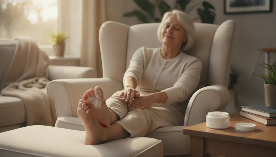 Older adult gently massaging their foot with soothing cream in a cozy living room