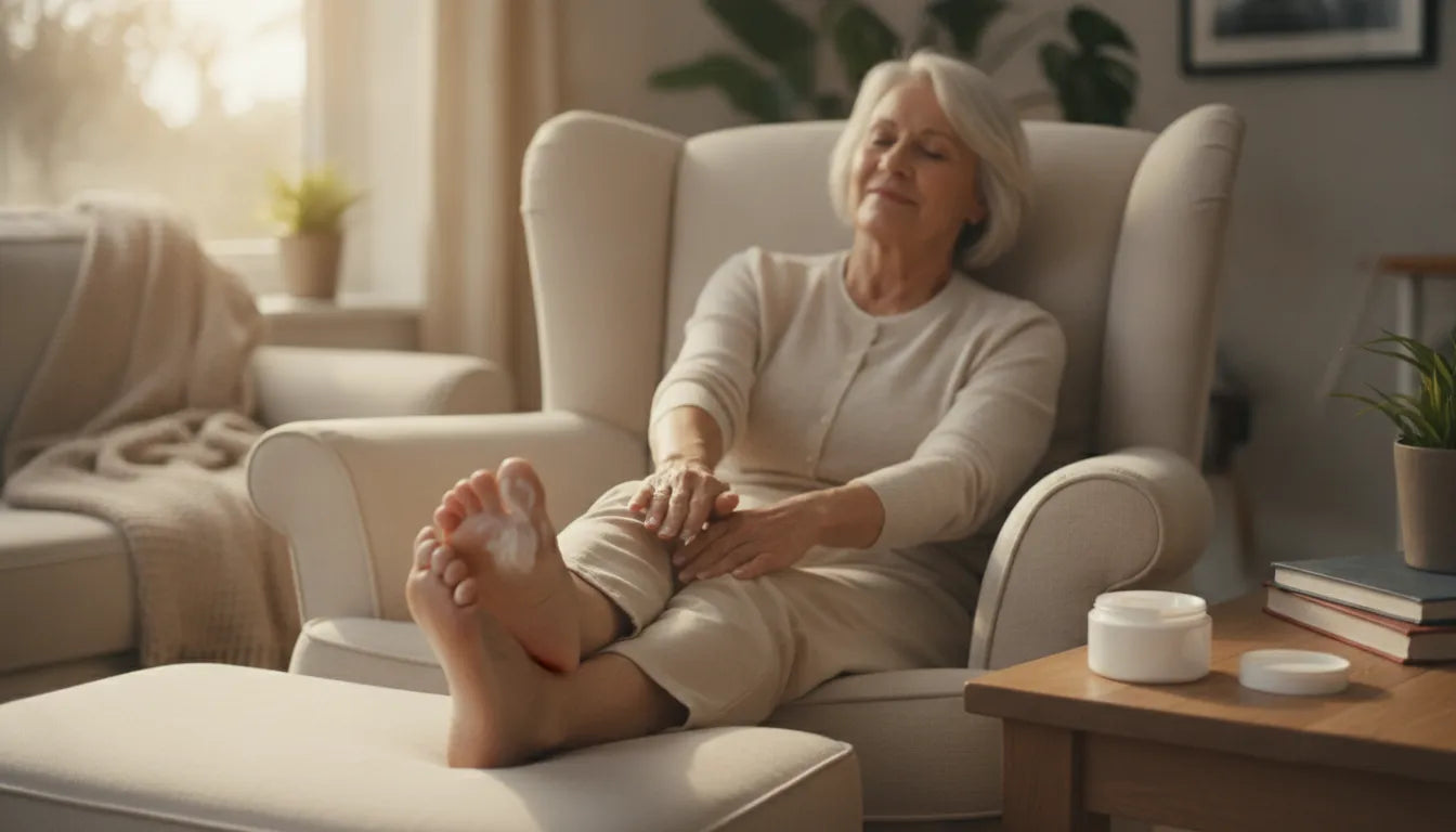 Older adult gently massaging their foot with soothing cream in a cozy living room