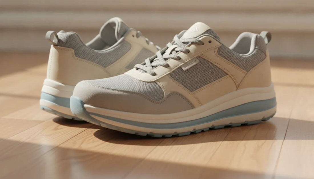 High-quality cushioned orthopedic walking shoes resting on a hardwood floor representing comfort and support