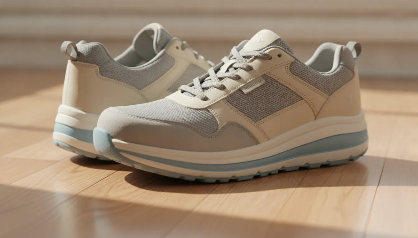 High-quality cushioned orthopedic walking shoes resting on a hardwood floor representing comfort and support