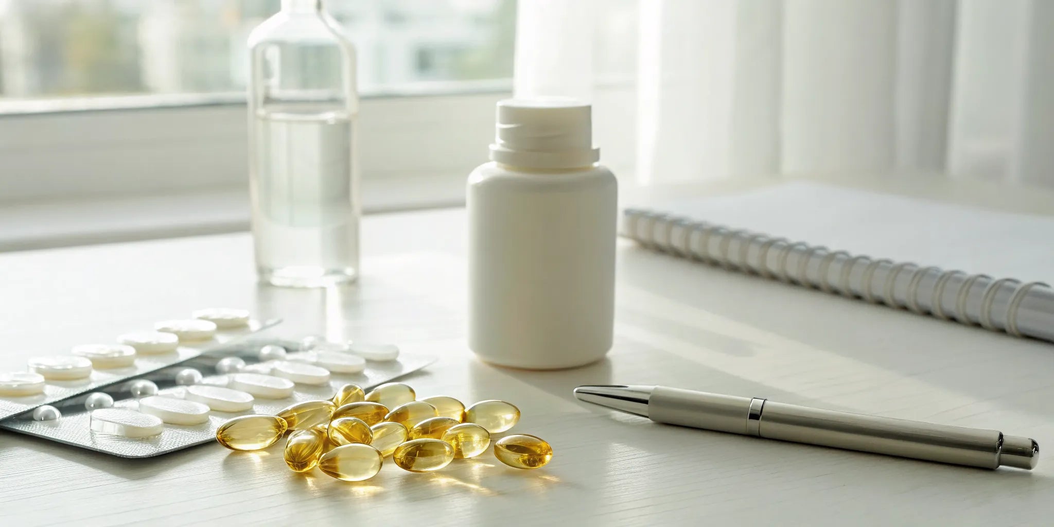 A bottle of amitriptyline next to various vitamins and supplements.