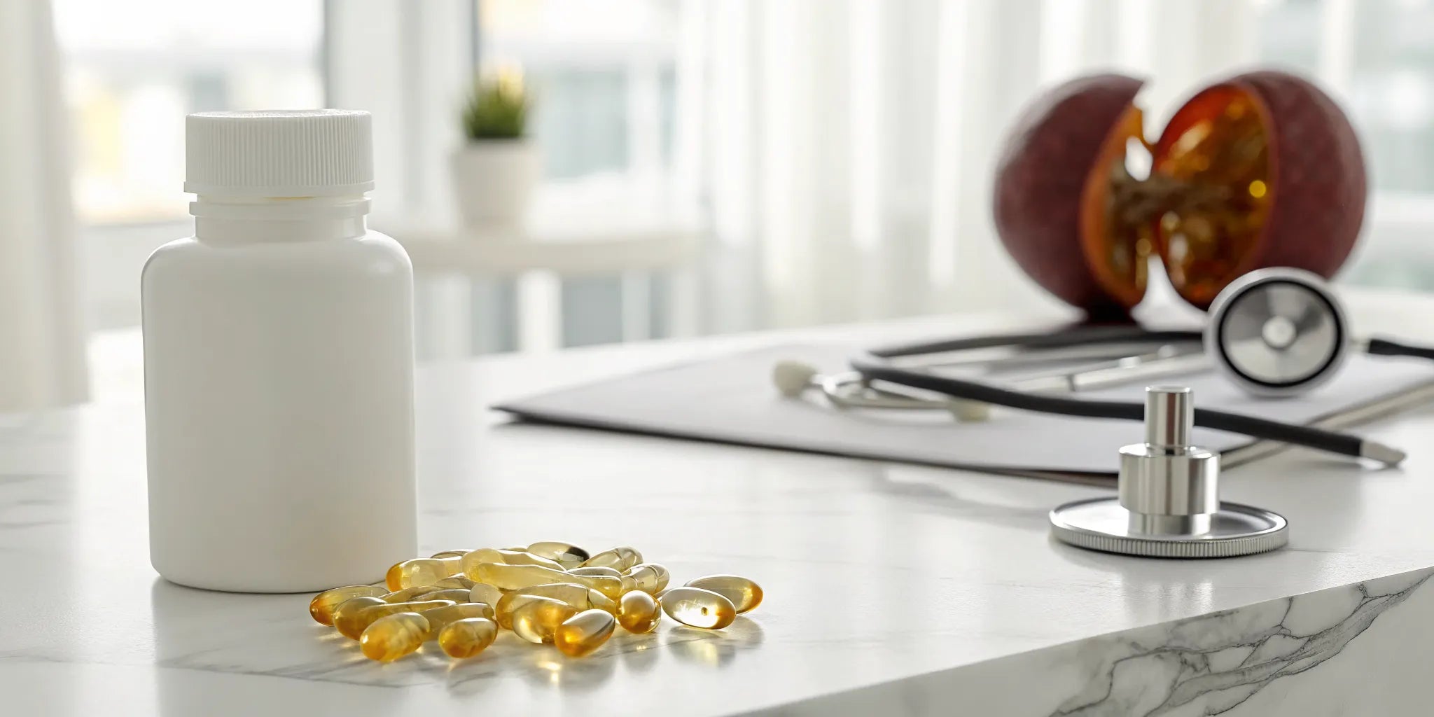 A kidney model and stethoscope next to vitamin D supplements for kidney patients.