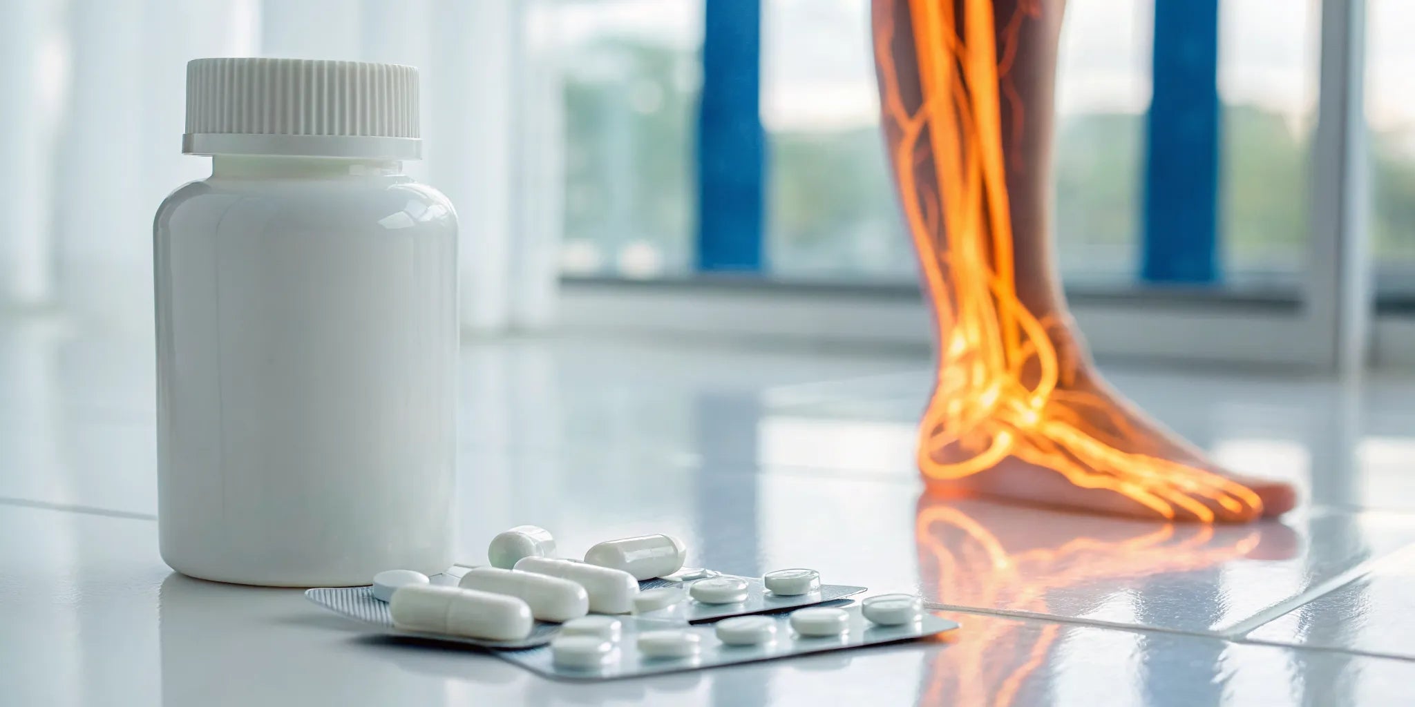 Lexapro pills next to a foot with nerves, questioning if the drug can cause peripheral neuropathy.