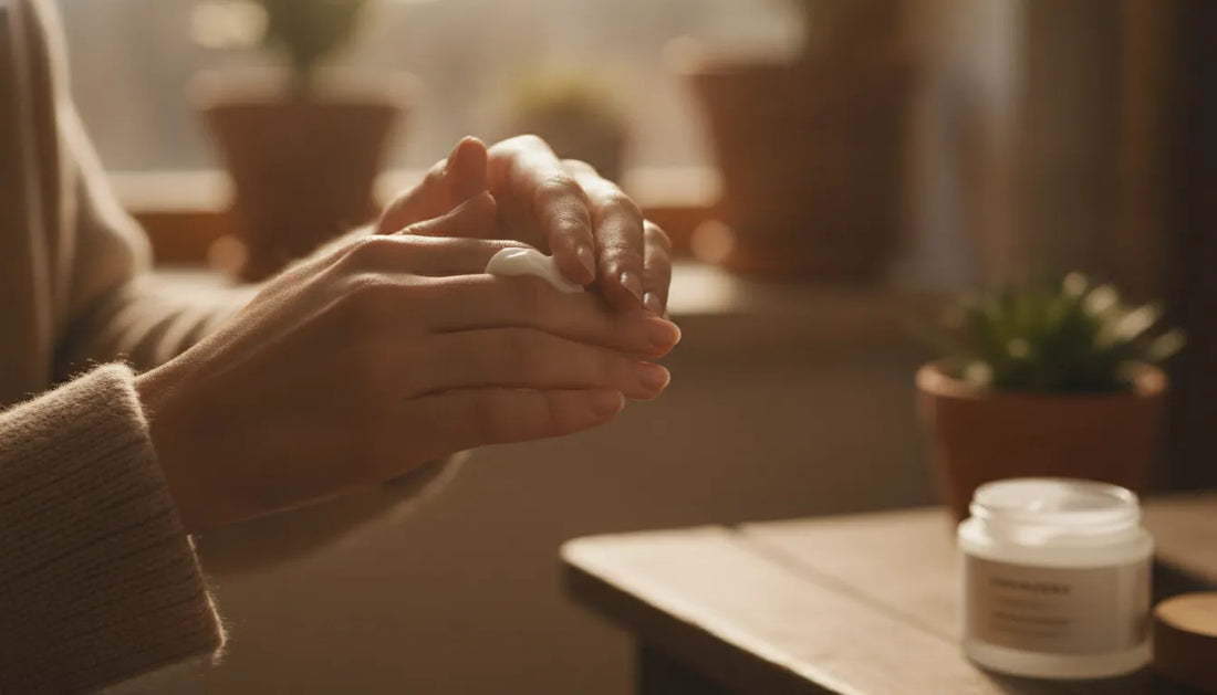 Close-up of a person applying topical cream to their hand for nerve comfort support
