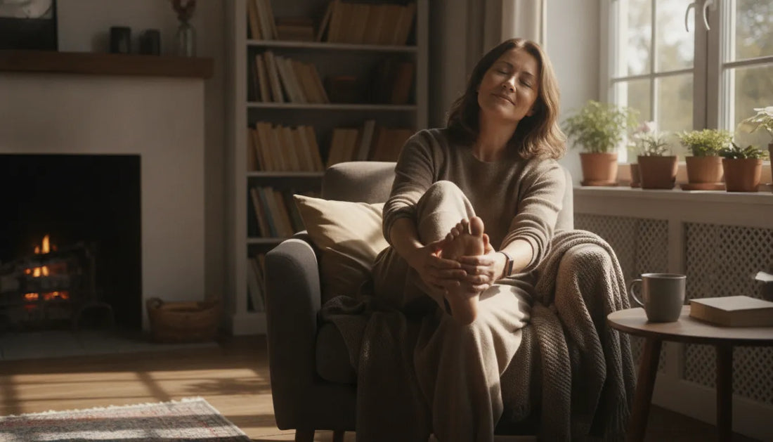 Woman sitting comfortably in a sunlit living room massaging her foot, expressing relief
