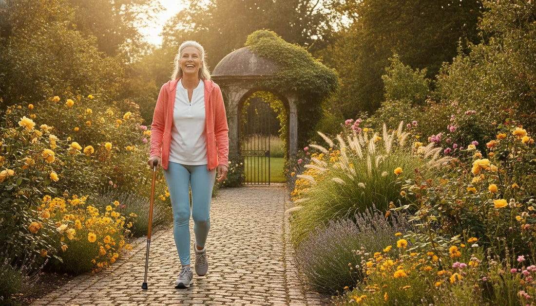 A woman in her early sixties walking on a sunlit garden path