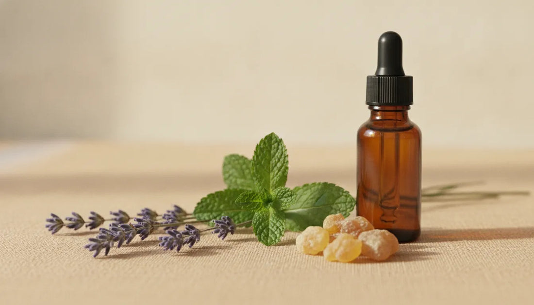 Glass essential oil dropper bottle beside lavender sprigs on a neutral surface, warm amber and purple tones suggesting calm