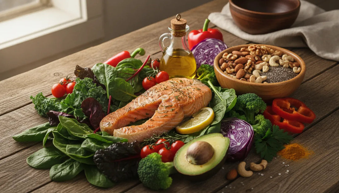 Fresh vegetables, leafy greens, nuts, and salmon arranged on a wooden table