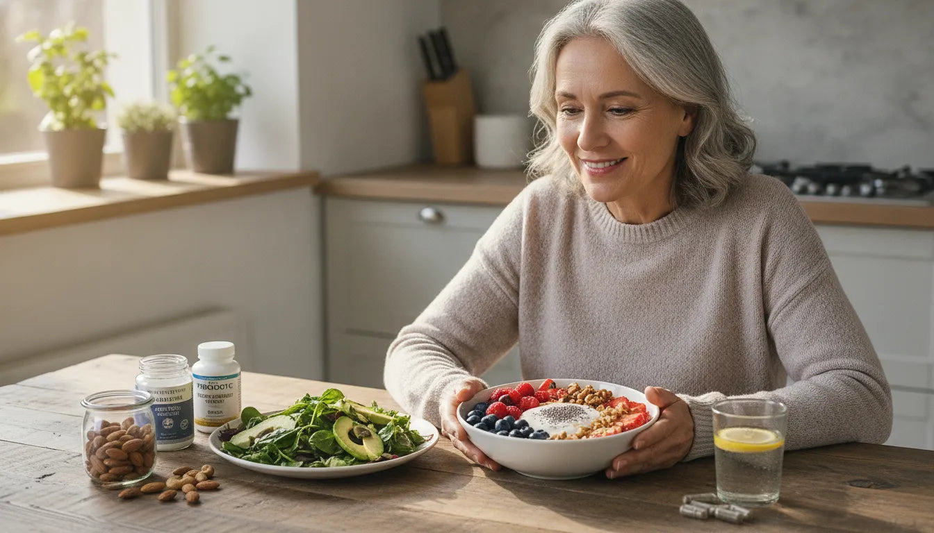 Fresh gut-healthy foods on a table including leafy greens, berries, nuts, and yogurt supporting digestive and nerve health