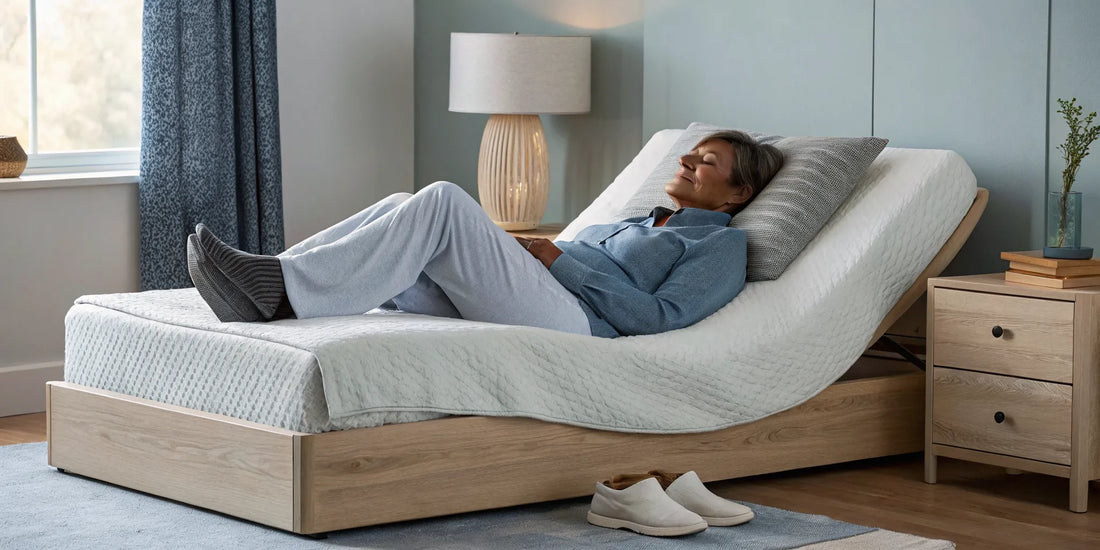 Woman sleeping on an adjustable bed with her legs elevated for peripheral neuropathy relief.