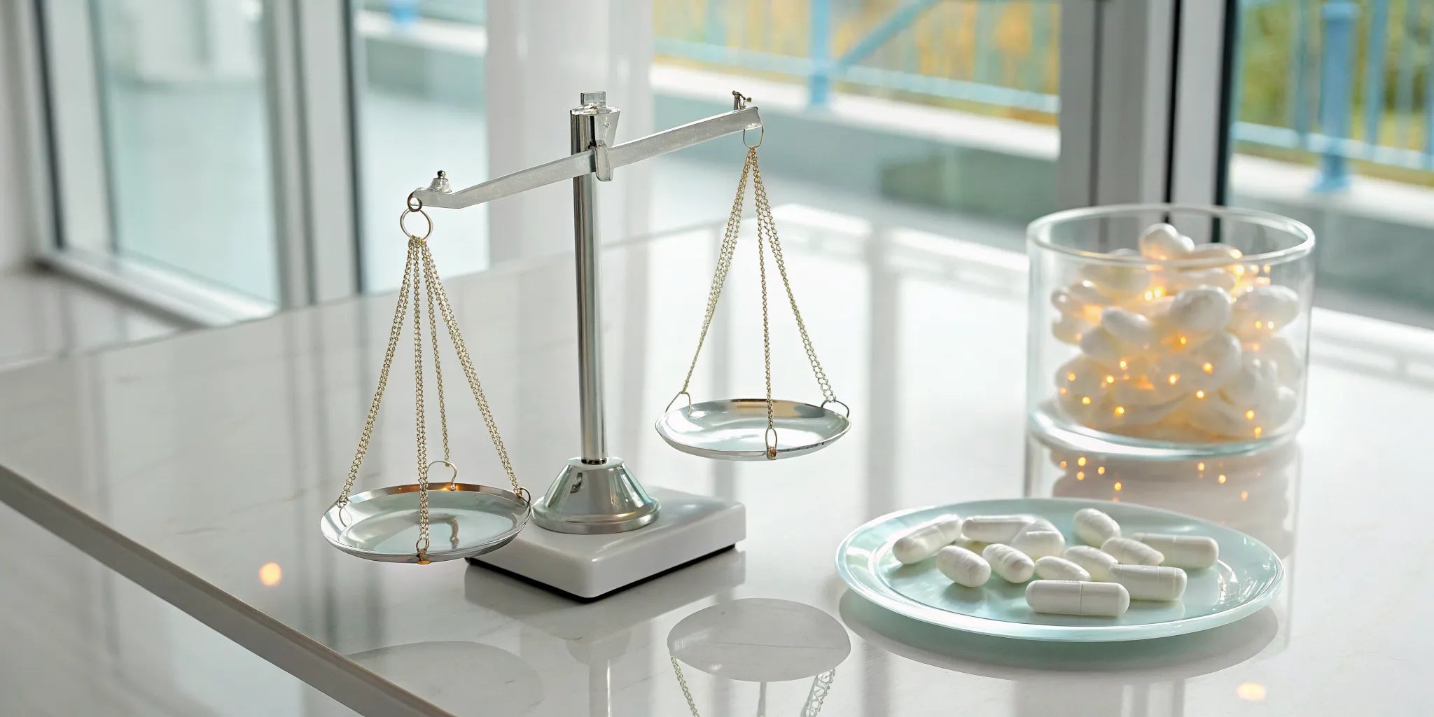 A balance scale with Neurontin capsules, weighing the pros and cons of its use for nerve pain.
