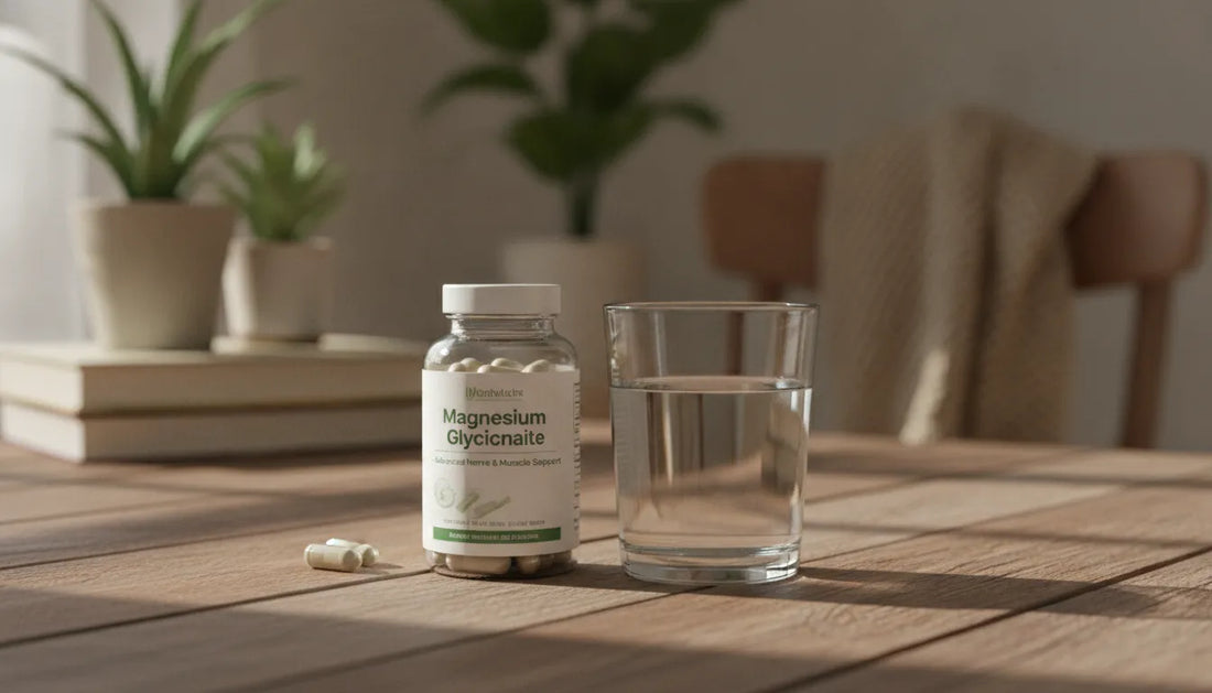 Magnesium glycinate capsules and glass of water for nerve health support