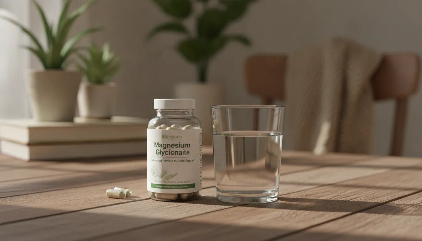 Magnesium glycinate capsules and glass of water for nerve health support