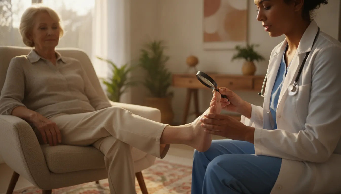 Doctor examining a patient's feet with care in a warm medical clinic setting