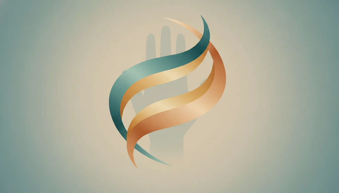 Abstract flowing ribbons in warm teal, gold and amber symbolizing hand nerve comfort and support