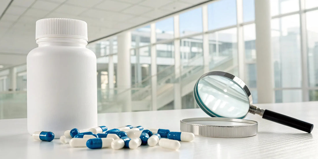 Nerve Reverse pills bottle and capsules examined under a magnifying glass for a review.