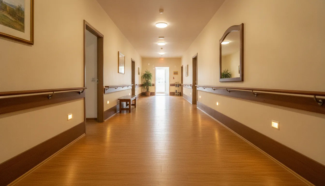 Well-lit home hallway with clear flooring and handrails for neuropathy fall prevention