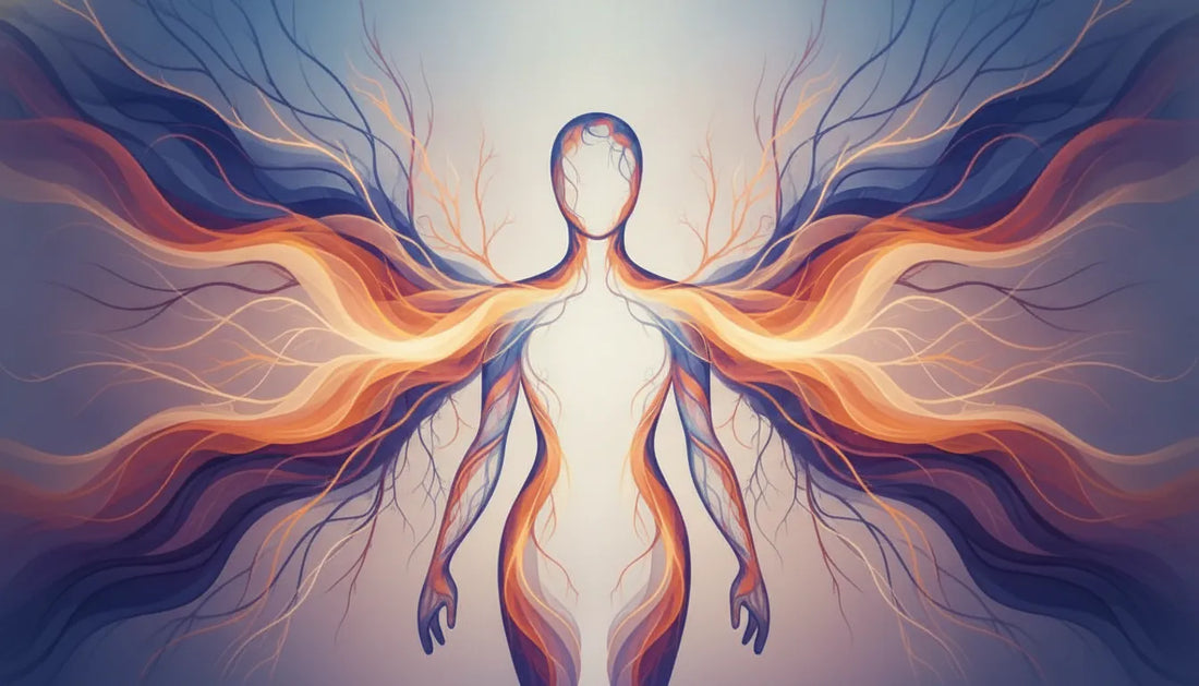 Spectrum-themed illustration of neuropathy and healthy nerve pathways