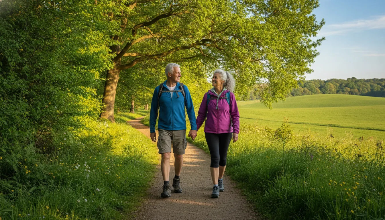 An active healthy senior couple hiking outdoors in a beautiful sunny green park showing health, vitality, and mobility