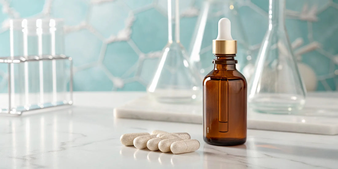 PEA supplement capsules and a dropper bottle for neuropathy pain relief.
