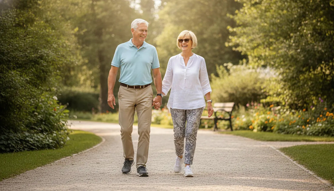 Active older adult couple walking outdoors on a sunny park path