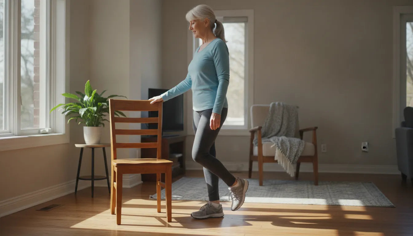 Older adult safely performing a supported heel raise beside a chair