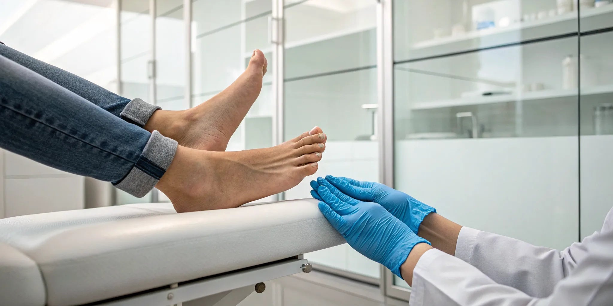 Doctor checking for symptoms of peripheral neuropathy of the feet.