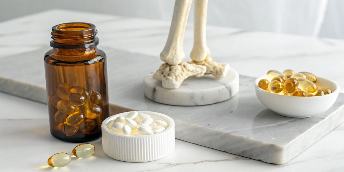 Vitamins for nerves and joints in capsule and softgel form next to a skeletal joint model.