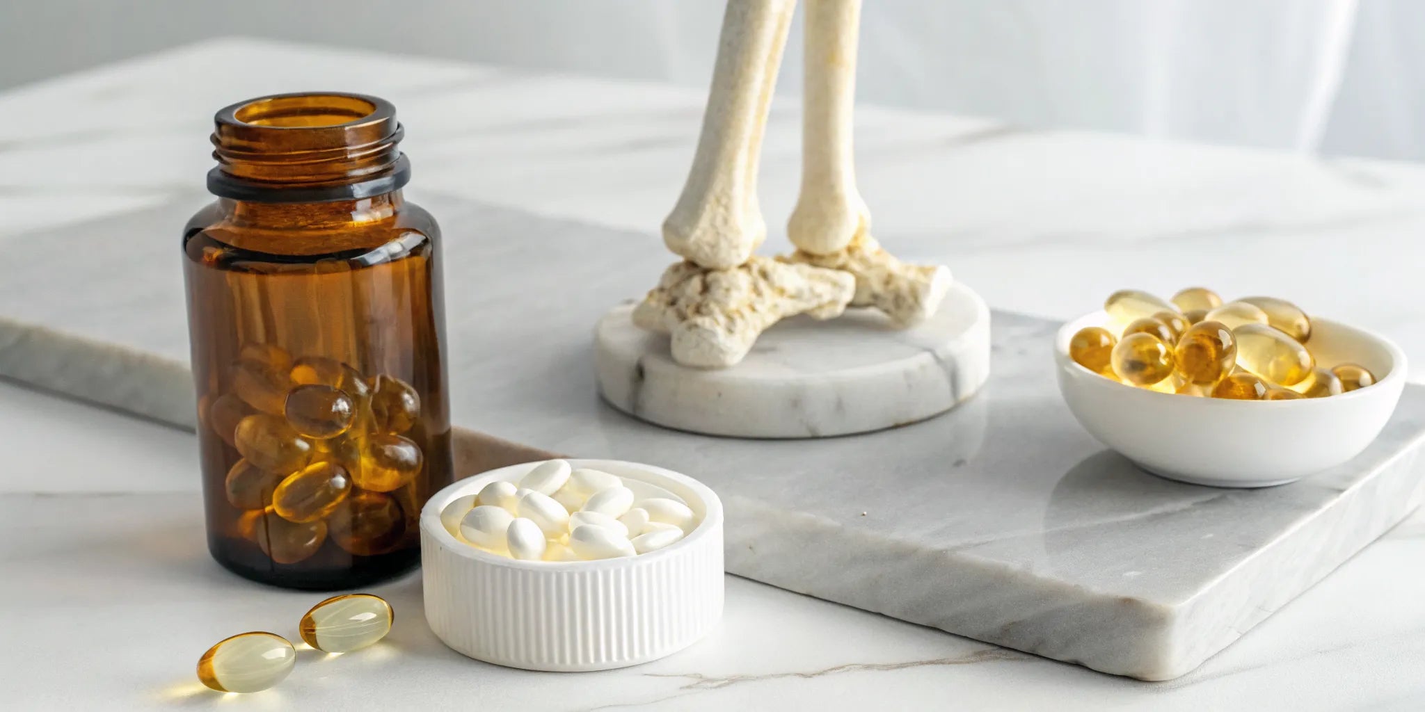 Vitamins for nerves and joints in capsule and softgel form next to a skeletal joint model.