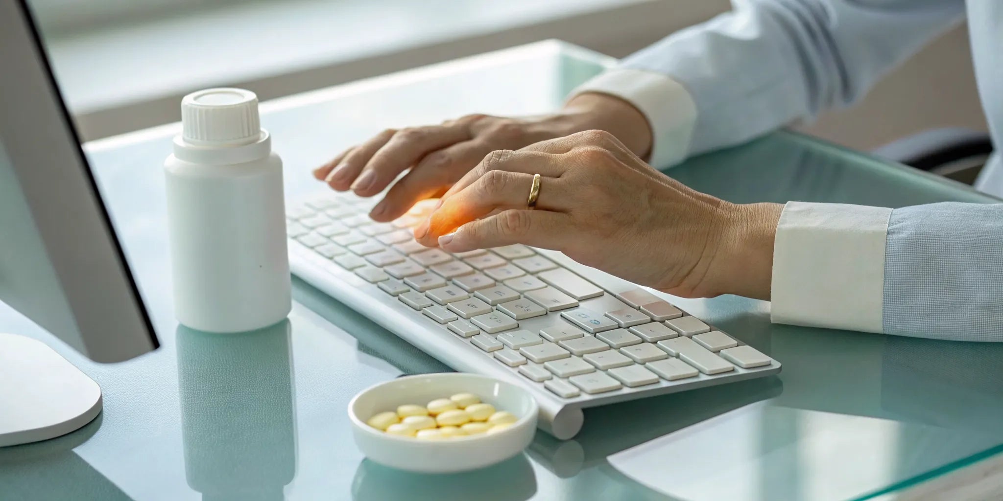 A bottle of P5P supplements for carpal tunnel dosage next to hands typing on a keyboard.