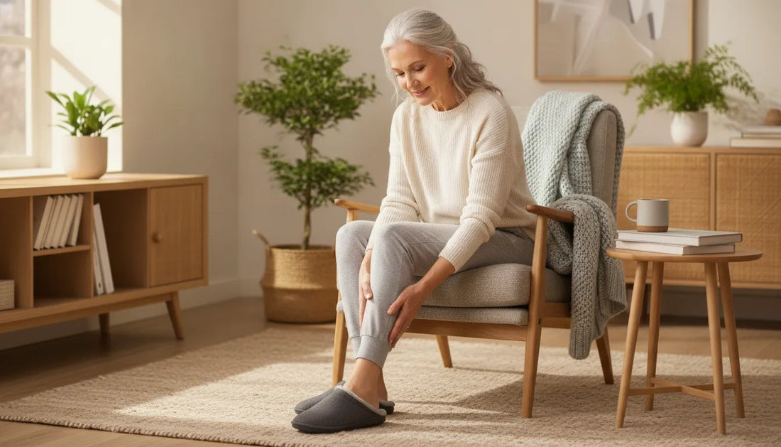 Mature adult in a bright living room gently resting a hand near their ankle while wearing soft supportive slippers
