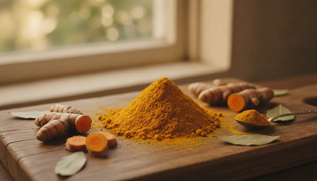 Golden turmeric powder and fresh turmeric root on a wooden surface, representing natural nerve health support