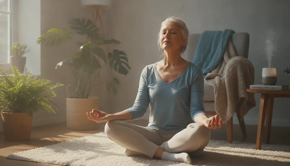 Senior person practicing deep breathing vagus nerve exercises at home for nerve health support