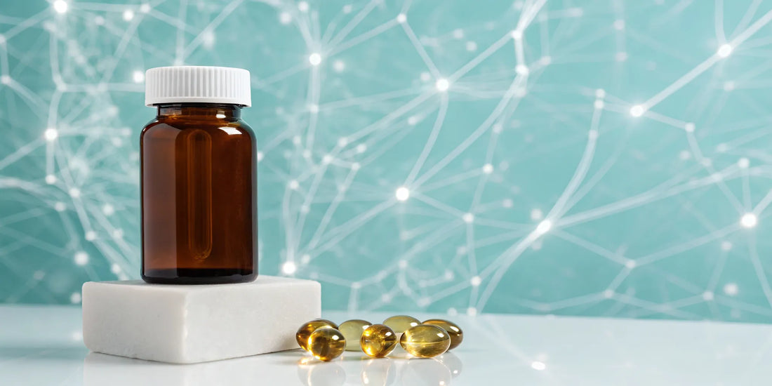 A bottle of vitamins for neuropathy with yellow softgel capsules and a nerve cell background.