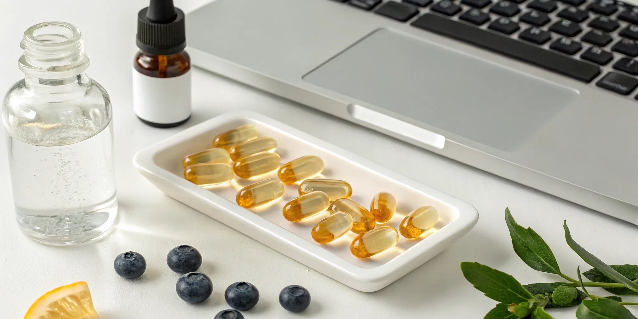 A laptop open to Reddit with vitamin capsules and blueberries for tiredness and depression.
