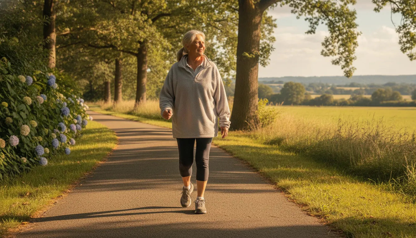 Senior woman walking comfortably on a paved path outdoors